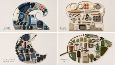 A surfer's knolling flat-lay forms a wave silhouette with beach gear