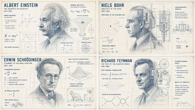 Cyanotype blueprint of a deconstructed physicist with floating formulas