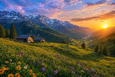 Golden sunset paints alpine valley with colorful wildflowers