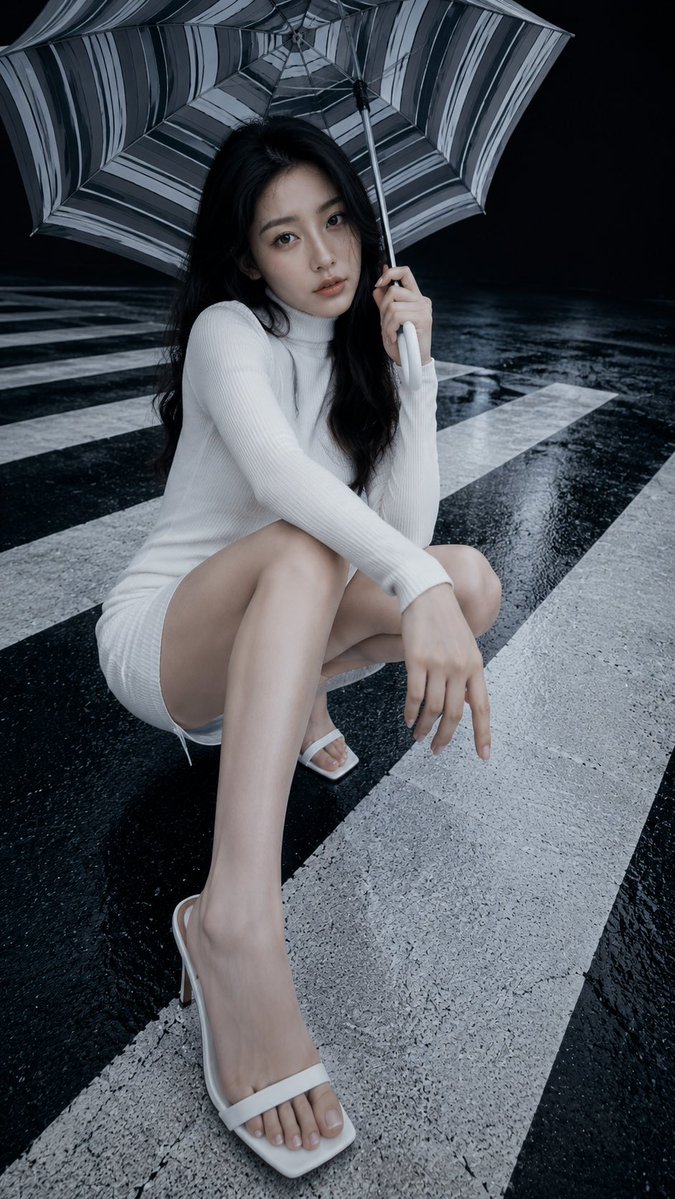 Model reclines diagonally on zebra crossing with umbrella
