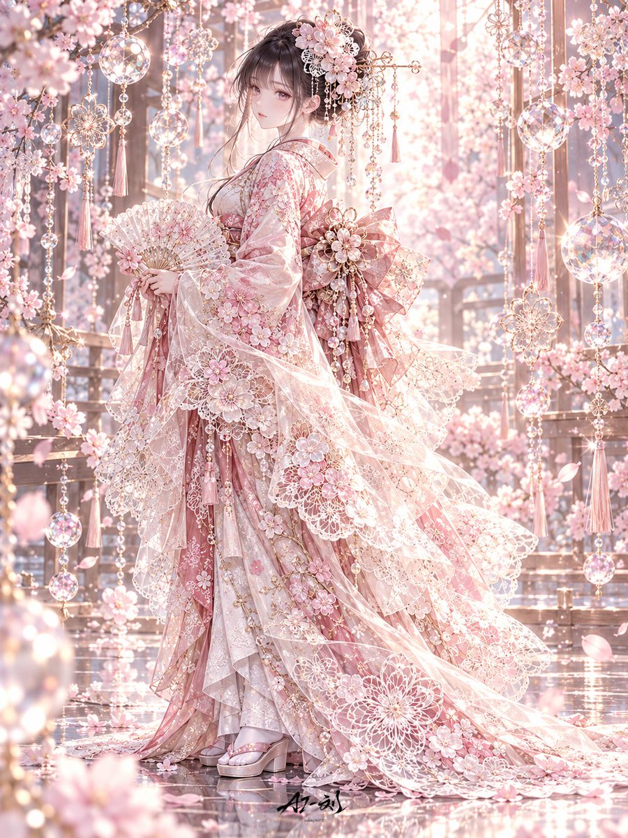 Elegant woman in cherry-pink furisode kimono stands among crystal blossoms