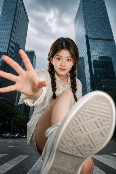 Sneaker dominates foreground as skyscrapers frame crouching figure
