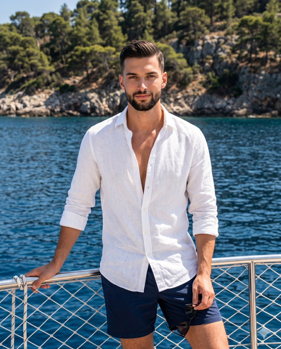 Confident young man leans on boat railing under bright sun