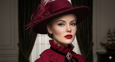 A woman in ruby hat with veil poses in vintage glamour style.