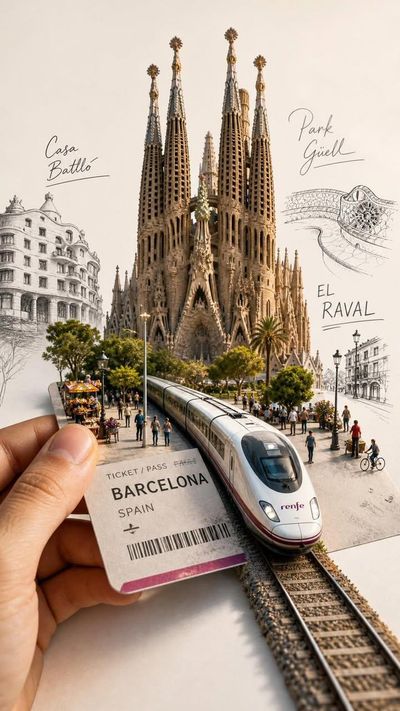 A hand holds a vintage ticket as a tiny train emerges with spires
