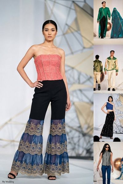 Structured coral pink corset meets navy bell-bottoms on runway