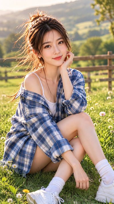 A young woman sits calmly in golden meadow sunlight