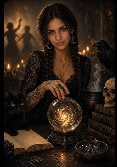 Young witch with braids gazes into glowing crystal ball on dark table