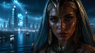 A cyberpunk woman stares intensely through rain and neon reflections