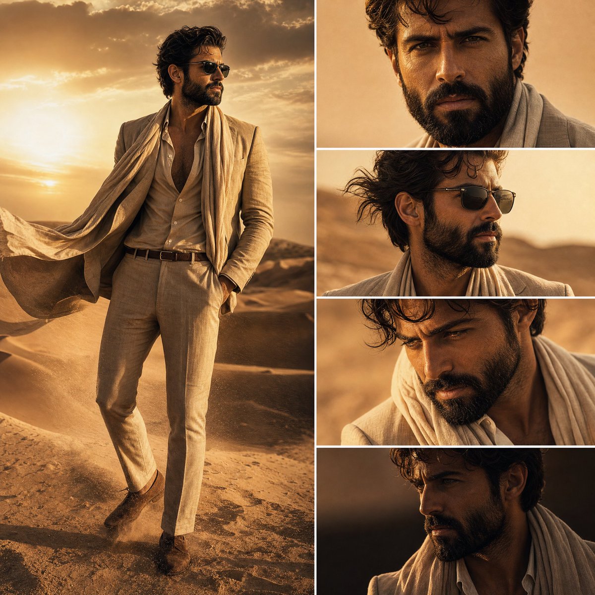 A well-groomed man in beige linen stands confidently in golden desert dunes