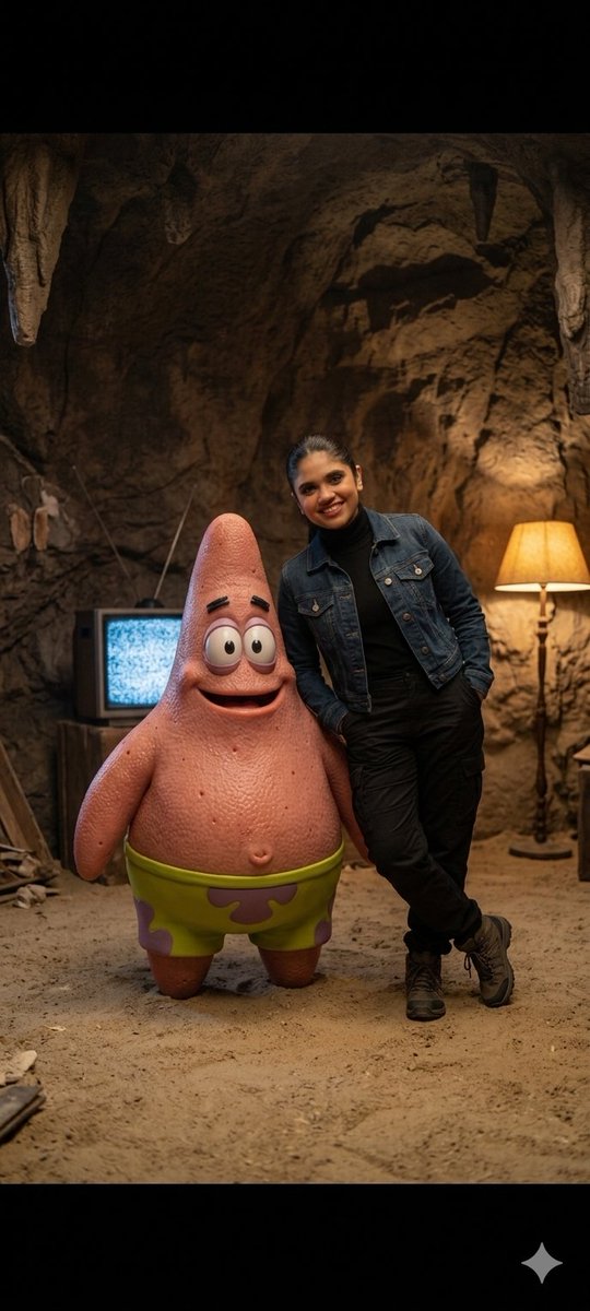Young woman smiles beside realistic Patrick Star under rock