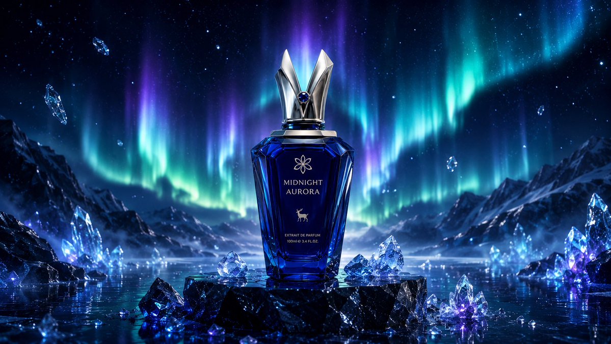 A sapphire perfume bottle glows beneath vibrant Northern Lights.
