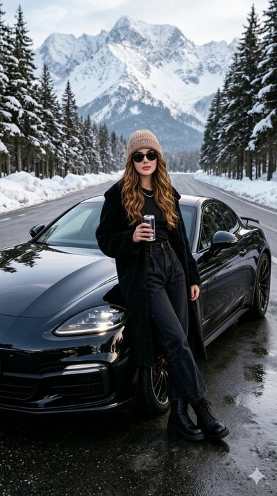 A stylish woman leans on a luxury car in a snowy mountain pass