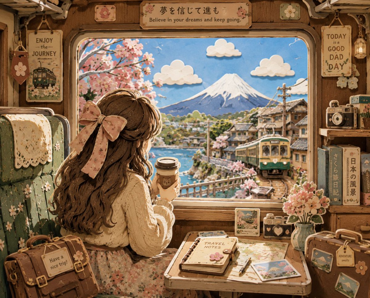 Young girl in papercraft train car views Mount Fuji scenery