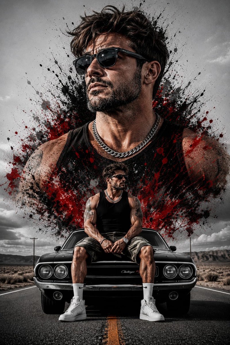 A muscular man in a black cap sits on a muscle car hood
