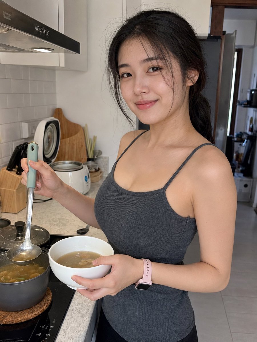 Young woman serves homemade soup in a bright modern kitchen