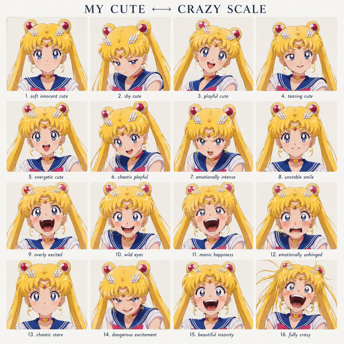 Blonde twin-tail heroine shows sixteen expressions on a cute-crazy scale.