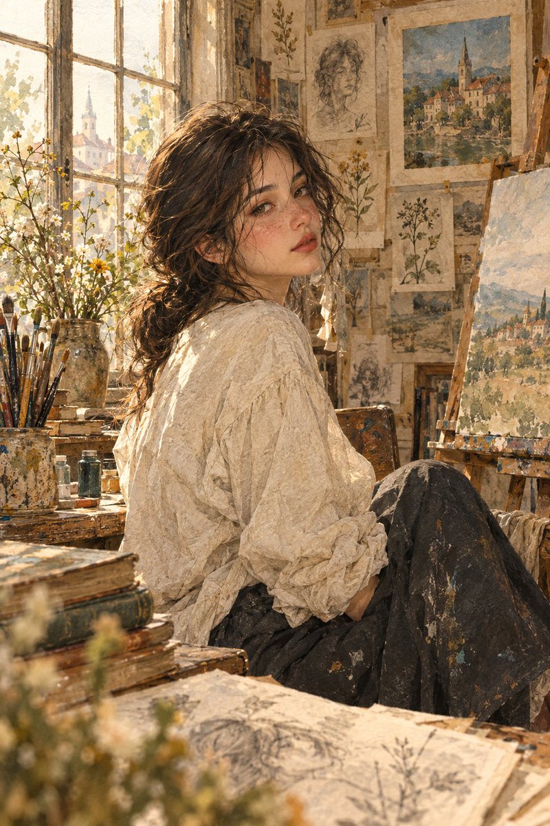 Young Artist Glances Back in Sunlit Vintage Studio