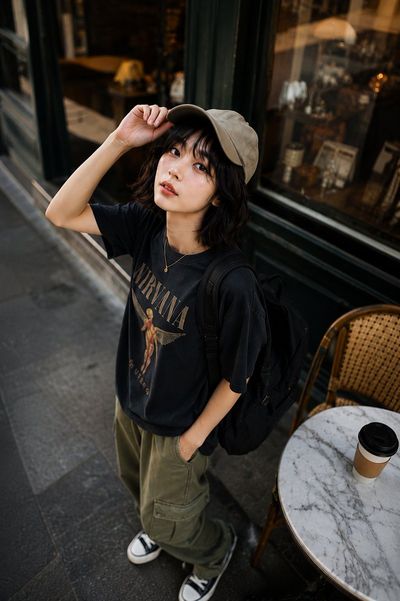 Cinematic Street Portrait of a Stylish Korean Woman at Café