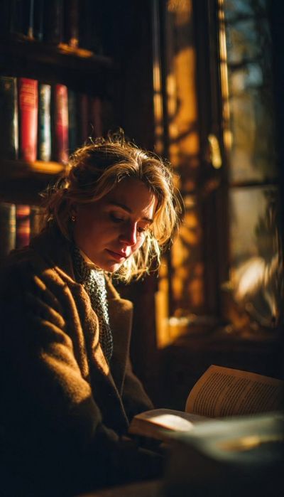 Golden light falls on a woman reading in a cozy library