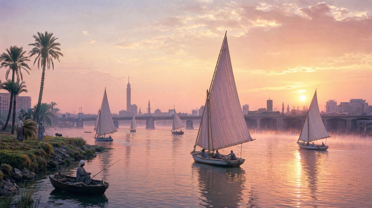Morning mist rises over Nile feluccas near Cairo bridges at dawn
