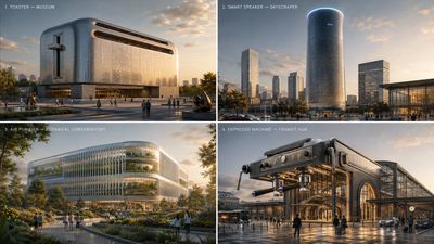 A toaster transforms into a glass skyscraper at sunset