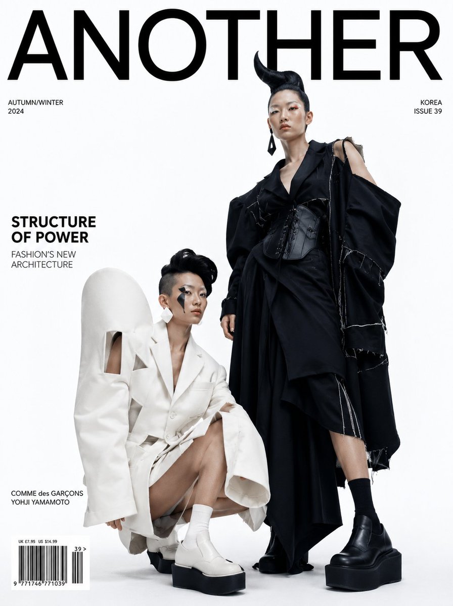 Korean models wear avant-garde blazers in clinical studio light