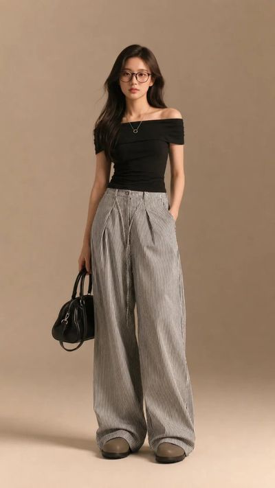 A confident woman in pinstripe trousers poses in a beige studio