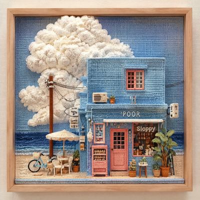 A crocheted pastel blue seaside shop diorama blossoms with spring magic