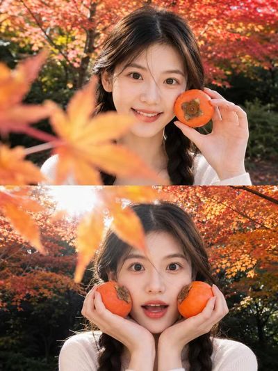 Smiling woman holds a persimmon in autumn maple forest
