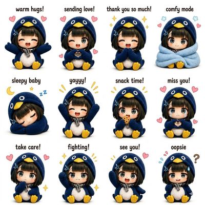 Adorable chibi girl in penguin hoodie shows playful emotions on sticker sheet.
