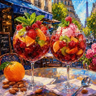 Sunlit Parisian Café with Overflowing Sangria Glasses