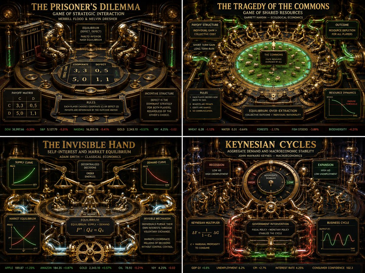 Brass gears and gilt scales depict the prisoner's dilemma