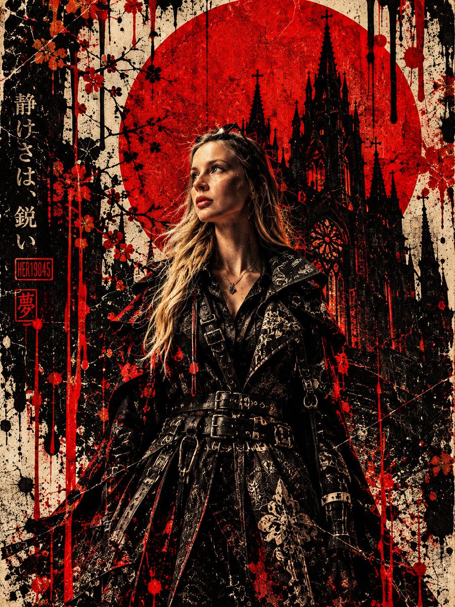 Gothic Figure Stands Before Blood Red Sun and Silhouetted Cathedral