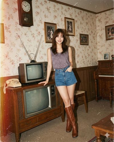 A woman smiles beside a wooden TV console in a 1970s living room