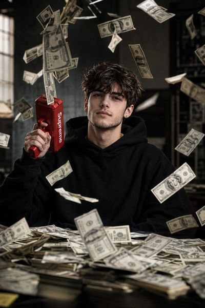 A stylish young man fires a money gun amid a storm of cash