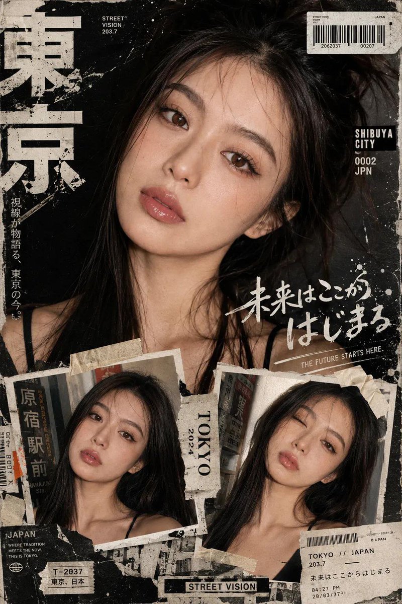 A cinematic close-up portrait anchors a gritty Japanese collage poster
