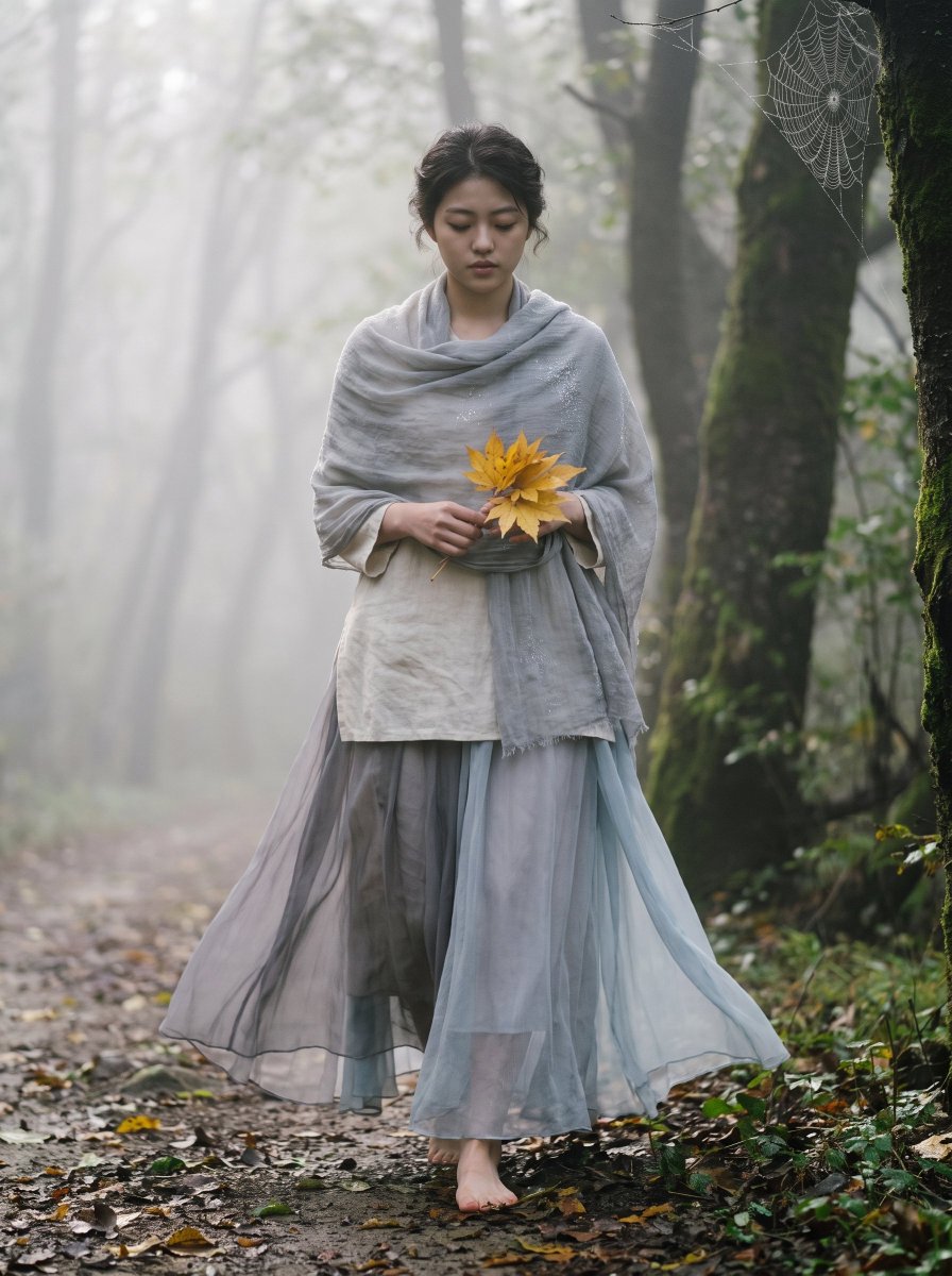 Woman in Sheer Grey Gown Walks Through Fog Holding Yellow Maple Leaves