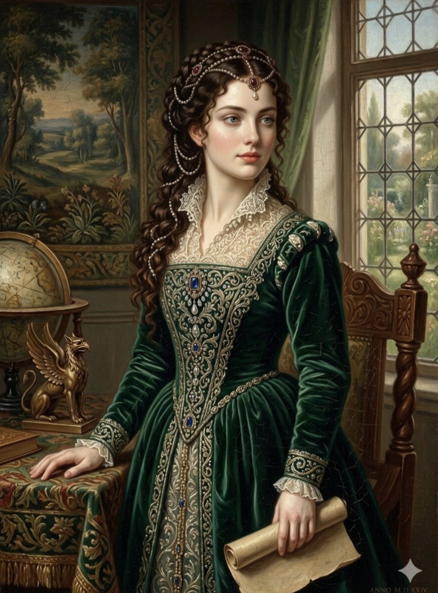 A Renaissance noblewoman in velvet gown reads by latticed window