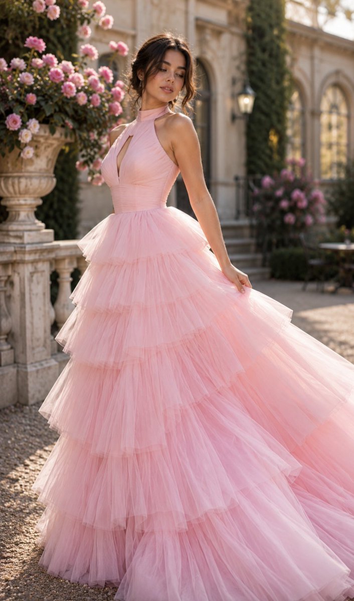 A woman in a blush tulle gown poses in a sunlit garden.