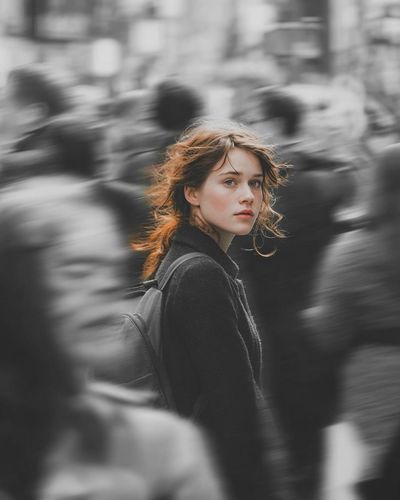 A woman in a navy coat walks through a blurred city crowd