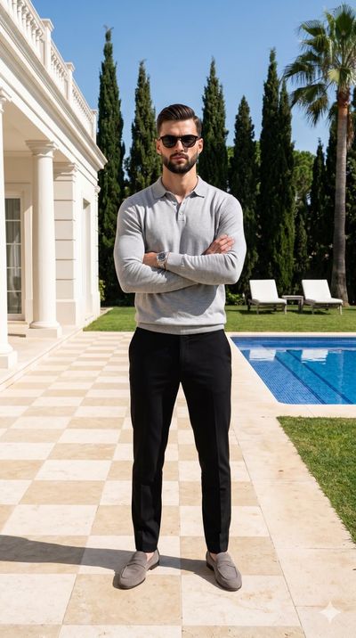 A young man in grey knit polo poses by classical white building