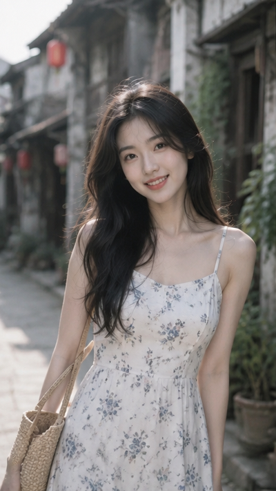 A woman with dark hair walks through a quiet ancient town alley.