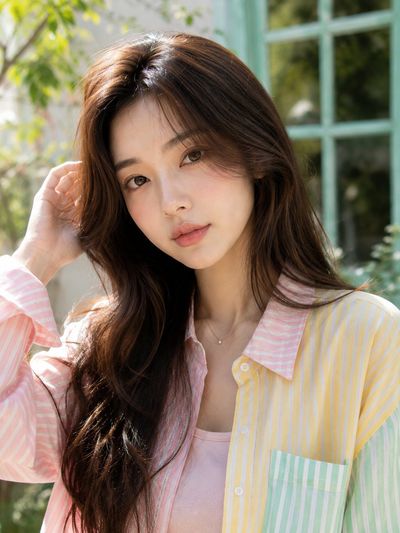 Young woman in striped shirt poses beside mint-green chair in garden