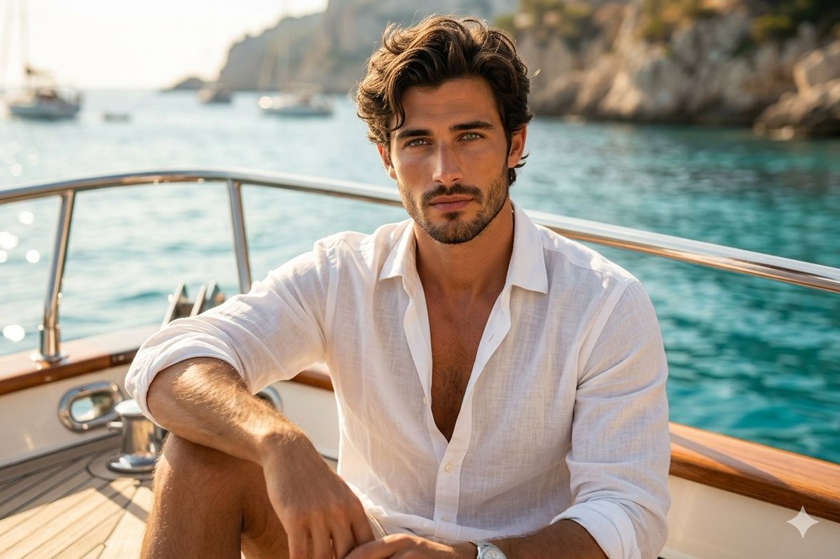 Confident Mediterranean man with green eyes aboard a luxury yacht