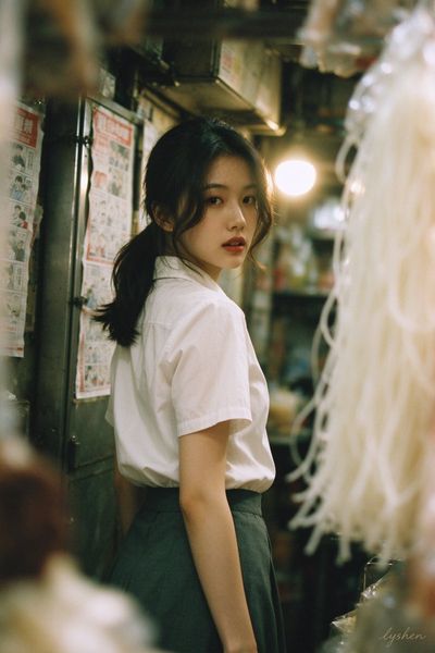 Woman glances back through alley clutter in vintage film portrait