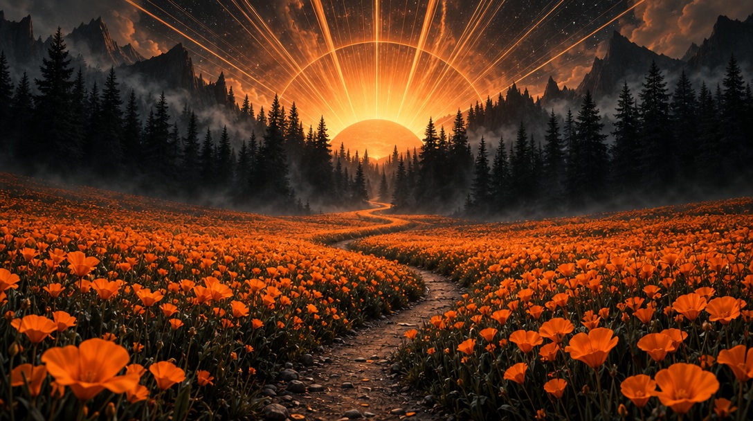 Winding orange flower path leads toward glowing horizon light
