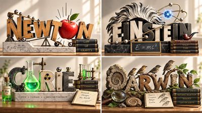 Newton's name sculpted from prisms and falling apples on museum tabletop