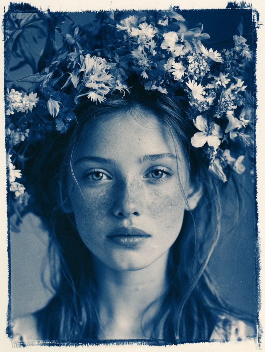 Botanical elements contact-print around a woman in Prussian blue