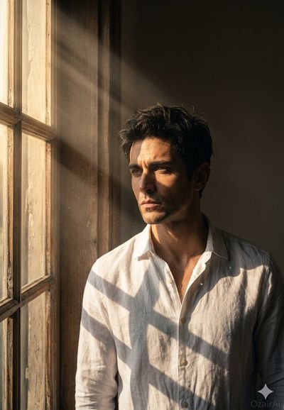 Golden hour sunlight creates dramatic chiaroscuro on a contemplative man
